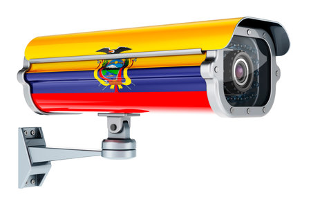 Surveillance camera with Ecuadorian flag. 3D rendering isolated on white background