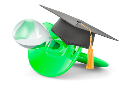 Pacifier with graduation cap. 3D rendering isolated on white backgroundの写真素材