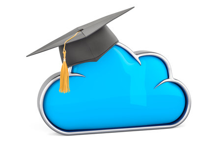 Cloud computing with graduation cap. 3D rendering isolated on white backgroundの写真素材