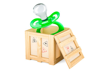 Pacifier inside wooden box, delivery concept. 3D rendering isolated on white background
