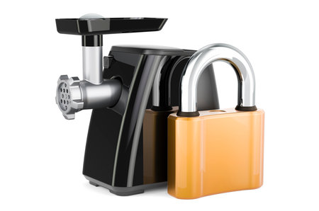 Meat grinder with padlock, 3D rendering isolated on white backgroundの写真素材