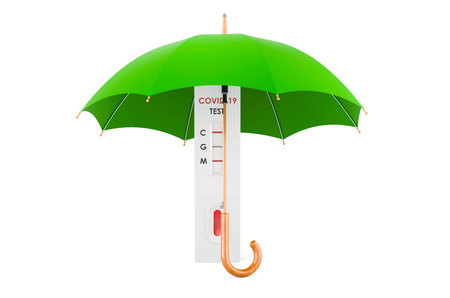 Test COVID-19 coronavirus, rapid test cassette under umbrella, 3D rendering isolated on white...