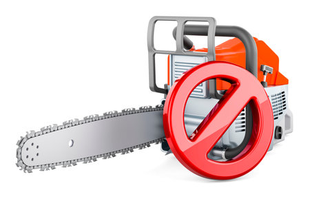 Prohibition sign with chainsaw. 3D rendering isolated on white backgroundの写真素材