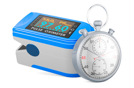 Portable Pulse Oximetry, pulse oximeter fingertip with stopwatch, 3D rendering isolated on white backgroundの写真素材
