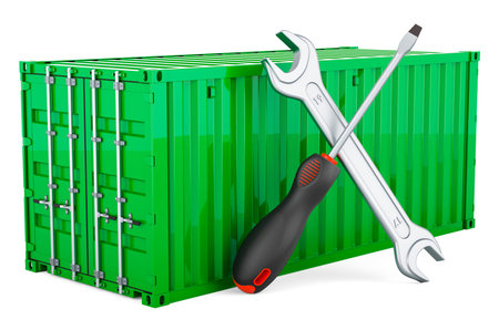 Cargo container shipping freight with screwdriver and wrench, 3D rendering isolated on white...