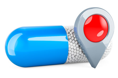 Medicine capsule with map pointer. 3D rendering isolated on white backgroundの写真素材