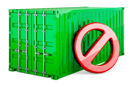 Cargo container with forbidden symbol, 3D rendering isolated on white backgroundの写真素材