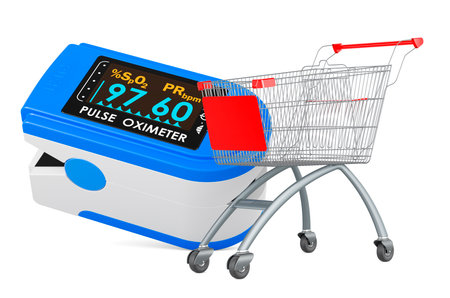 Portable Pulse Oximetry with shopping cart, 3D rendering isolated on white backgroundの写真素材