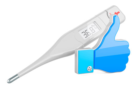 Digital electronic thermometer with like icon, 3D rendering isolated on white backgroundの写真素材