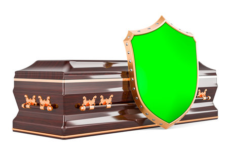 Wooden coffin with shield, 3D rendering isolated on white backgroundの写真素材
