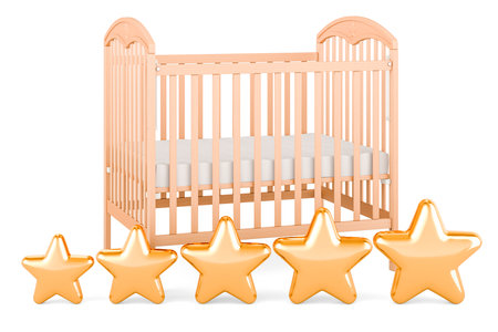 Baby crib, infant bed with five golden stars. 3D rendering isolated on white backgroundの写真素材
