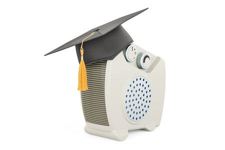 Fan heater with graduation hat. 3D rendering isolated on white backgroundの写真素材