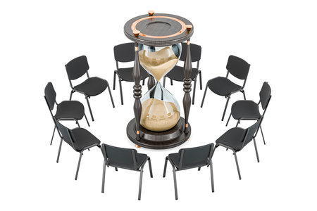 meeting concept. Chairs in a circle with hourglass, 3D rendering isolated on white backgroundの写真素材