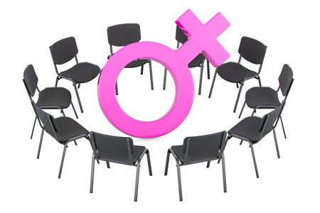 Psychotherapy for women concept. Chairs in a circle with female symbol, 3D rendering isolated on white backgroundの写真素材