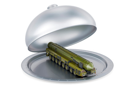 Restaurant cloche with scud missile, mobile short-range ballistic missile system, 3D rendering isolated on white backgroundの写真素材