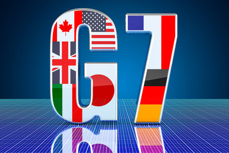 G7 concept, 3D rendering isolated on blue backgroundの写真素材