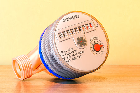 Cold water meter on the wooden table, 3D renderingの写真素材