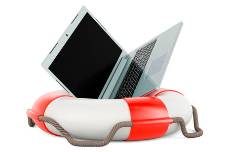 Laptop with opened display with lifebuoy, 3D rendering isolated on white backgroundの写真素材