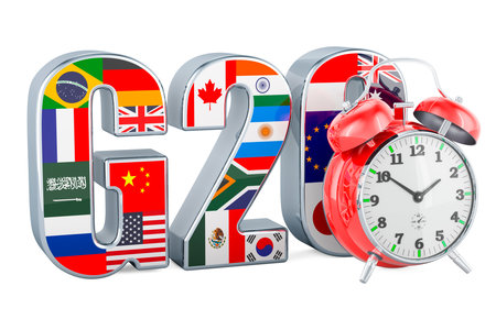 Summit G20 with alarm clock, 3D rendering isolated on white backgroundの写真素材