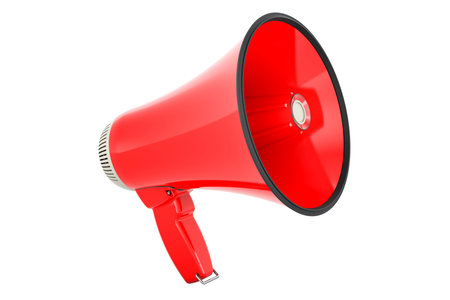Red Megaphone, 3D rendering isolated on white backgroundの写真素材