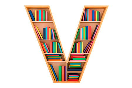 Letter V, alphabet in the form of shelves with books, 3D rendering isolated on white backgroundの写真素材
