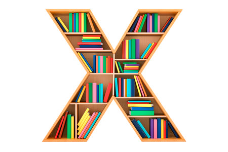Letter X, alphabet in the form of shelves with books, 3D rendering isolated on white backgroundの写真素材