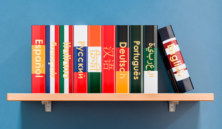 Bookshelf with language textbooks or dictionaries, 3D rendering on blue wallの写真素材