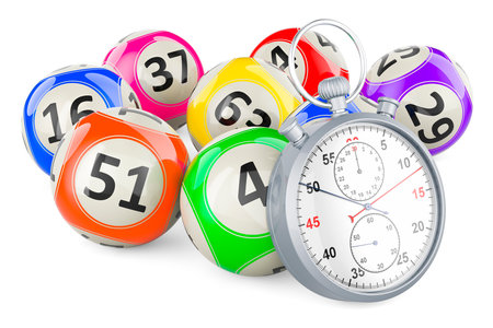 Lottery balls with stopwatch, 3D rendering isolated on white backgroundの写真素材