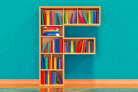 Letter F in the form of shelves with books in the room near wall, 3D renderingの写真素材