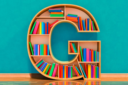 Letter G in the form of shelves with books in the room near wall, 3D renderingの写真素材