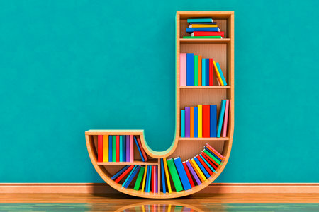 Letter J in the form of shelves with books in the room near wall, 3D renderingの写真素材