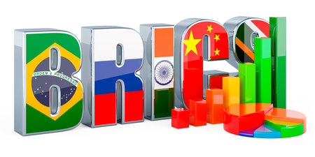 BRICS with growth bar graph and pie chart, 3D rendering isolated on white backgroundの写真素材