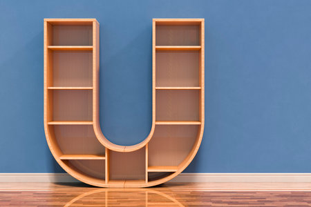 Letter U as bookshelf in interior, 3D renderingの写真素材