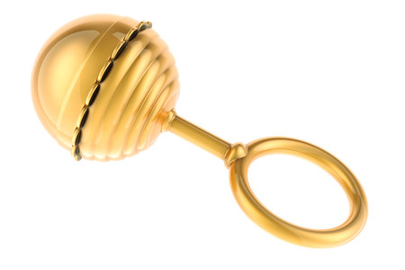 Golden Baby Rattle, 3D rendering isolated on white backgroundの写真素材