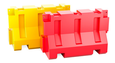 Plastic Road Barrier, Traffic Safety Plastic Barricade, 3D rendering isolated on white backgroundの写真素材