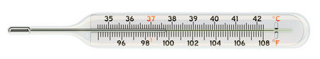 Medical, clinical mercury thermometer with Fahrenheit and Celsius scales, 3D rendering isolated on...
