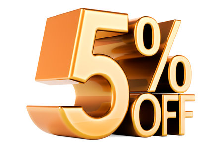 5 percent discount. Golden 5 percent off, text. Discount and sale, concept. 3D rendering isolated on white backgroundの写真素材