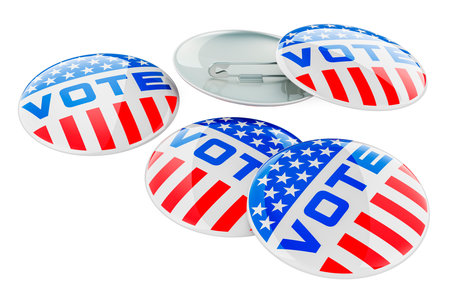 Vote badges, Election in the USA, concept. 3D rendering isolated on white backgroundの写真素材