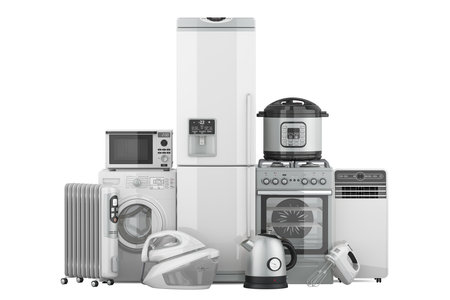 Collection of kitchen and household appliances, 3D rendering isolated on white backgroundの写真素材