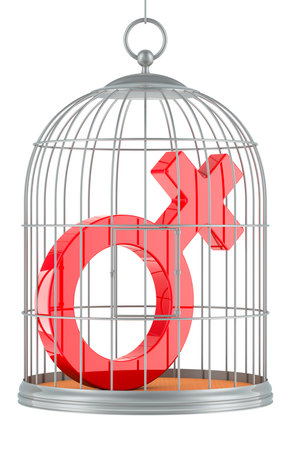 Birdcage with female gender symbol, 3D rendering isolated on white backgroundの写真素材