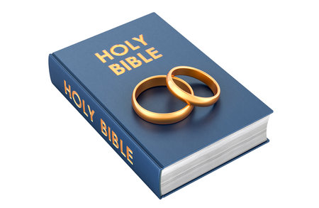 Holy bible with golden wedding rings, 3D rendering isolated on white backgroundの写真素材