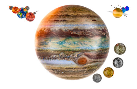 Jupiter with satellites Io, Europa, Ganymede, Callisto and solar system, 3D rendering isolated on...