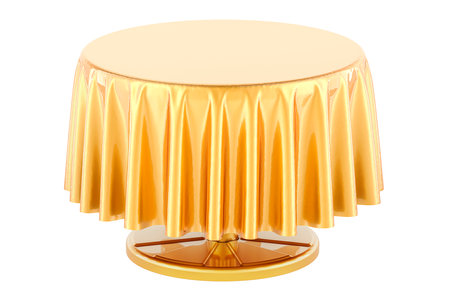 Empty round table with golden table cloth. 3D rendering isolated on white backgroundの写真素材