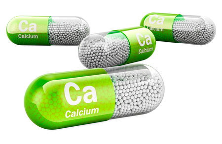Capsules with Calcium Ca, 3D rendering isolated on white backgroundの写真素材