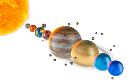 Parade of planets, appulse concept. Planets of Solar system with satellites in row. 3D rendering...