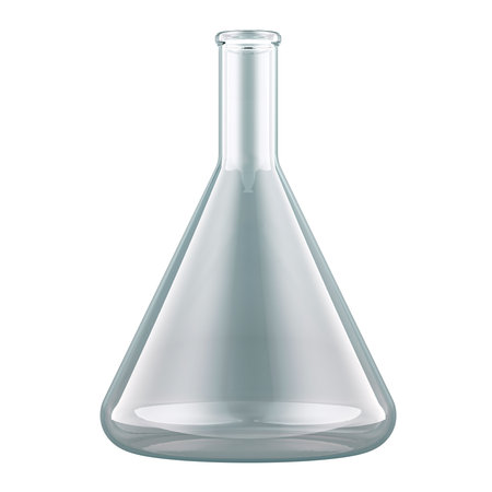 Empty conical flask, chemistry laboratory glassware. 3D rendering isolated on white background