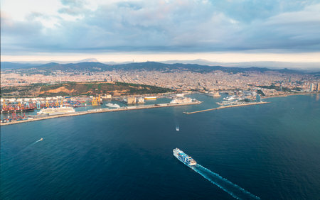 Top view of Barcelona coastline and port from the sea. Barcelona, Spainの写真素材