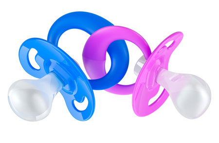 Blue and pink baby pacifiers, 3D rendering isolated on white backgroundの写真素材