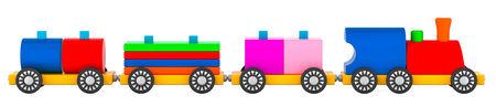 Wooden Toy Stacking Train. Shape Sorter, side view. 3D rendering isolated on white backgroundの写真素材