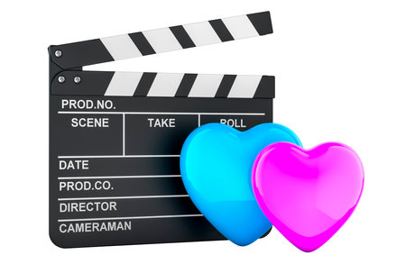 Clapperboard with pink and blue hearts, 3D rendering isolated on white backgroundの写真素材
